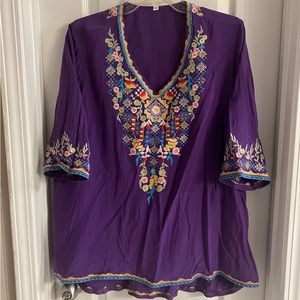 HIGUSTAR Summer Bohemian 3/4 Sleeve Embroidered Shirt; Purple; Women’s 2XL